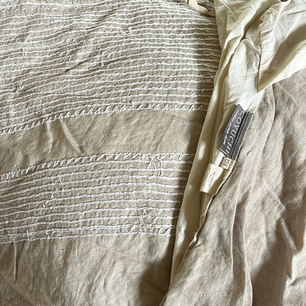 Coyuchi Full Queen Linen and Cotton Duvet Cover - Beige with White Woven (used)